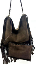 Load image into Gallery viewer, Dakota Fringed Hobo Bag — Dark Chocolate suede