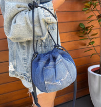 Load image into Gallery viewer, Olive Denim Drawstring Bag