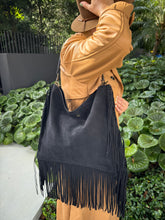 Load image into Gallery viewer, Dakota Fringed Hobo Bag — Black Suede