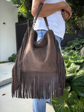 Load image into Gallery viewer, Dakota Fringed Hobo Bag — Dark Chocolate suede