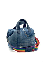 Load image into Gallery viewer, Gracie Denim Micro Tote with rainbow webbing handle