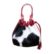 Load image into Gallery viewer, Michelle Double Handle Drawstring Bag - Black/White/Red Cowhide