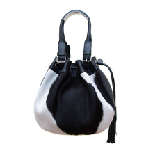 Load image into Gallery viewer, Michelle Double Handle Drawstring Bag - Black/White Cowhide