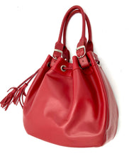 Load image into Gallery viewer, Michelle Double Handle Drawstring Bag - Black/White/Red Cowhide