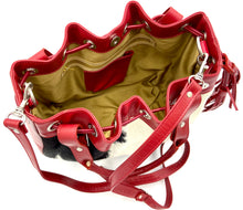 Load image into Gallery viewer, Michelle Double Handle Drawstring Bag - Black/White/Red Cowhide