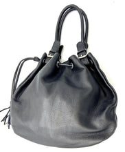 Load image into Gallery viewer, Michelle Double Handle Drawstring Bag - Black Cowhide