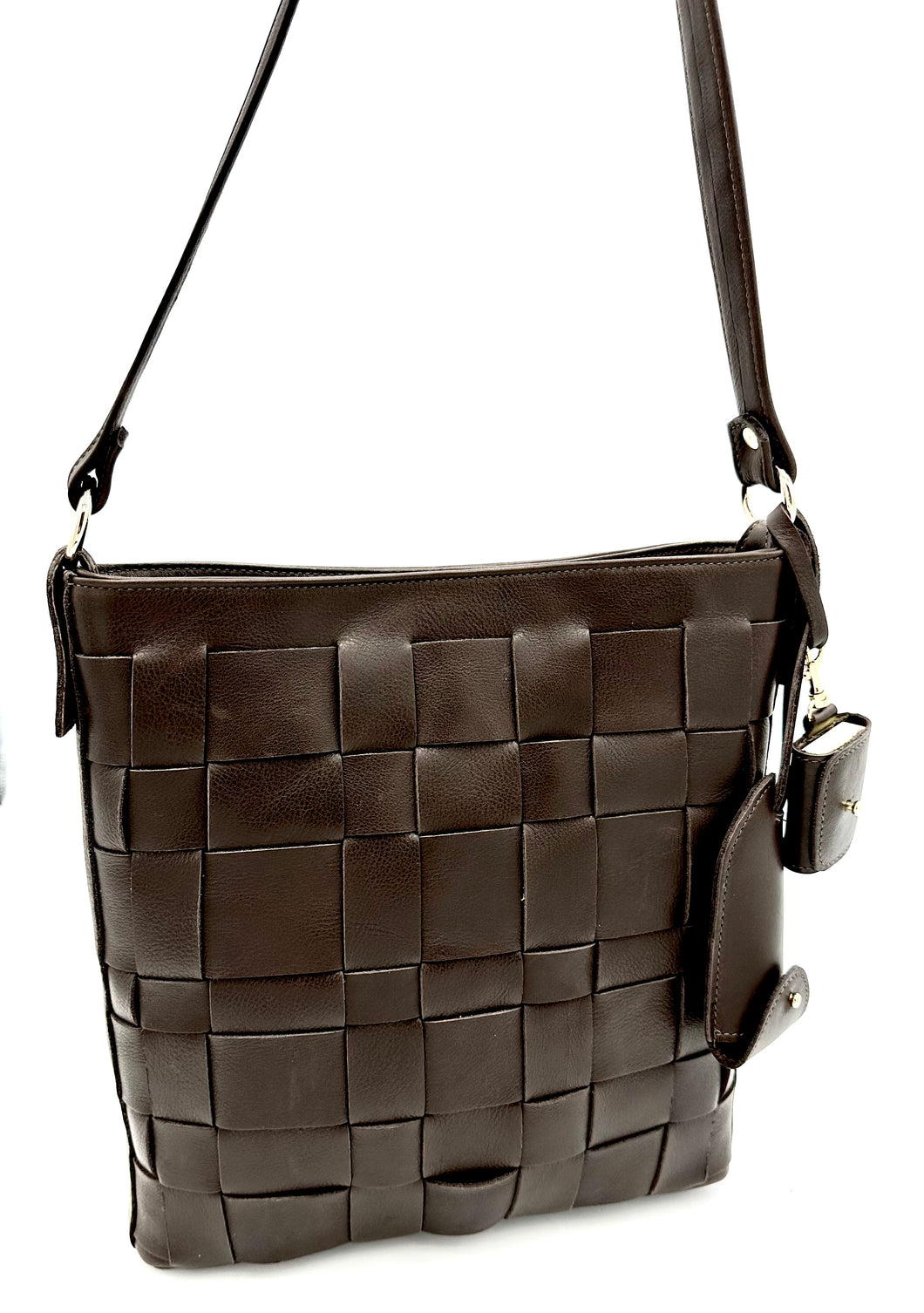 Liana Woven Leather Shoulder Bag - Chocolate