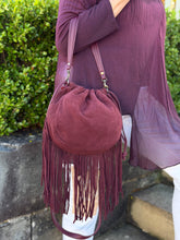 Load image into Gallery viewer, Kirsty Drawstring Shoulder Bag with Fringes - Burgundy
