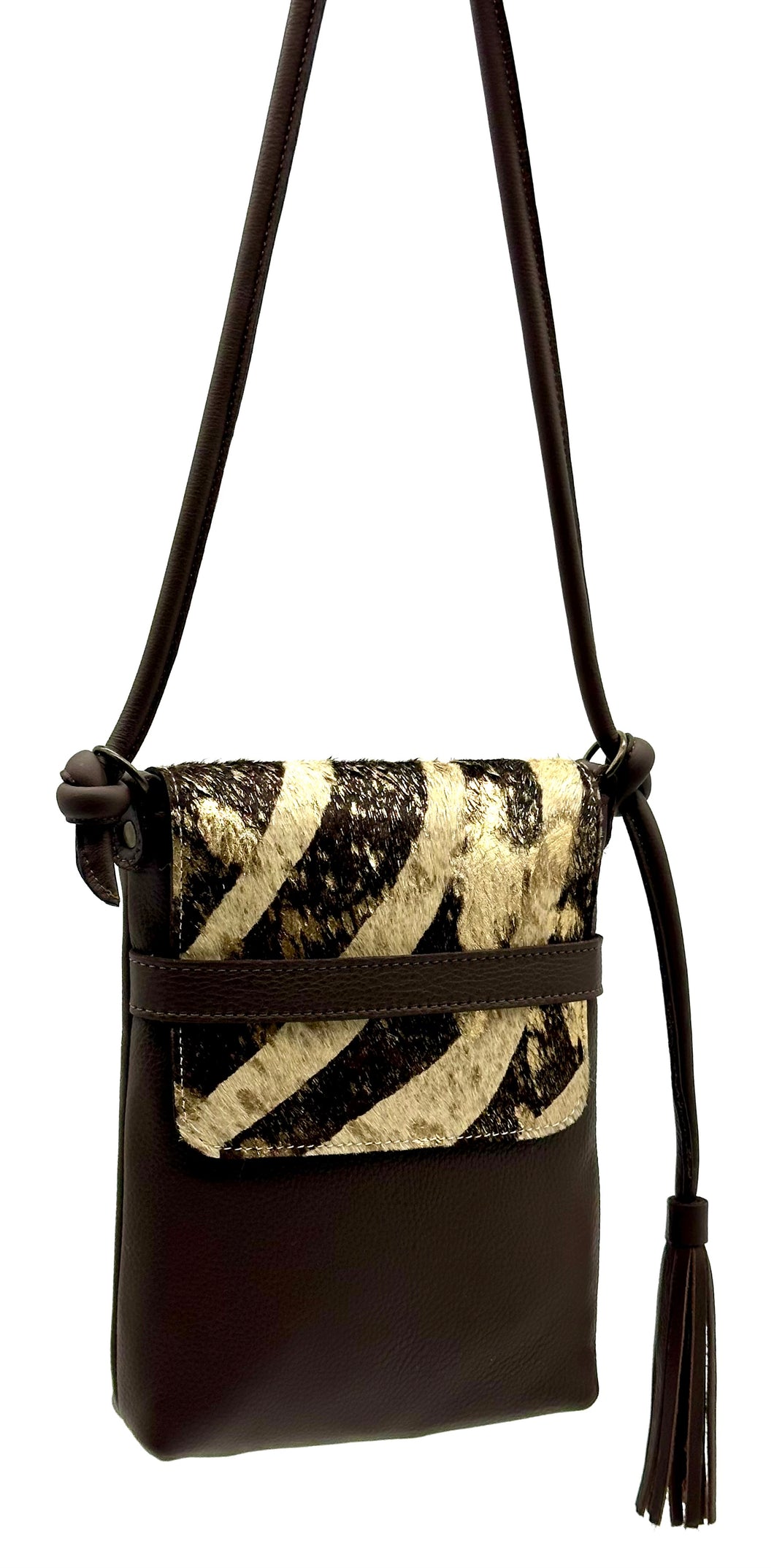 Mindy Cross Body Bag — Brown leather with brown metallic zebra print cowhide