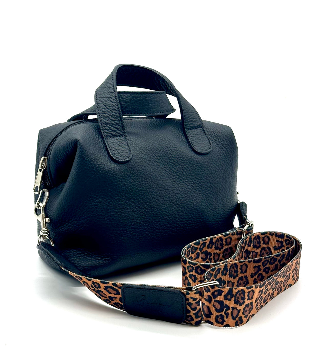 Gracie micro tote — Black with leopard handle