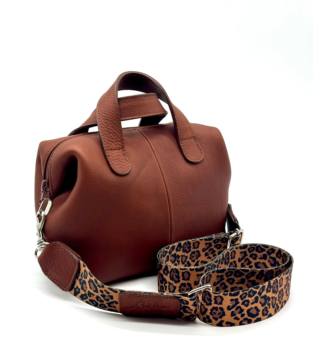 Gracie micro tote — Brandy tan with leopard handle