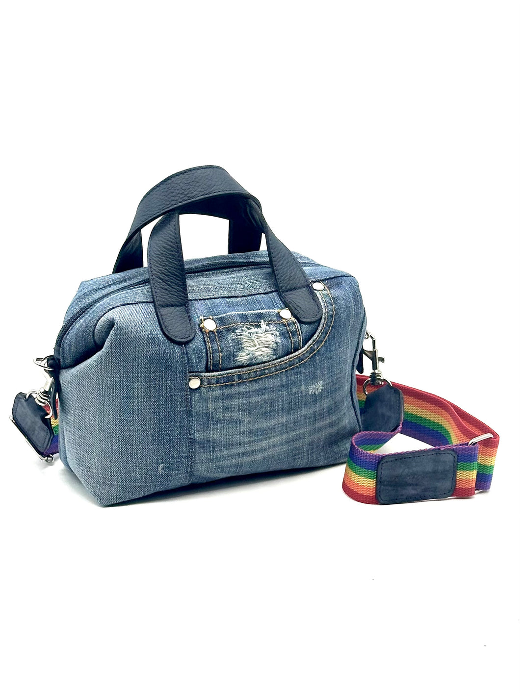Gracie Denim Micro Tote with rainbow webbing handle