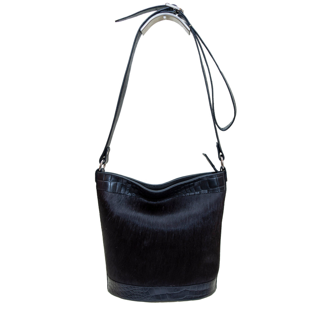 Izzy Cowhide Bucket Bag - Black Cowhide