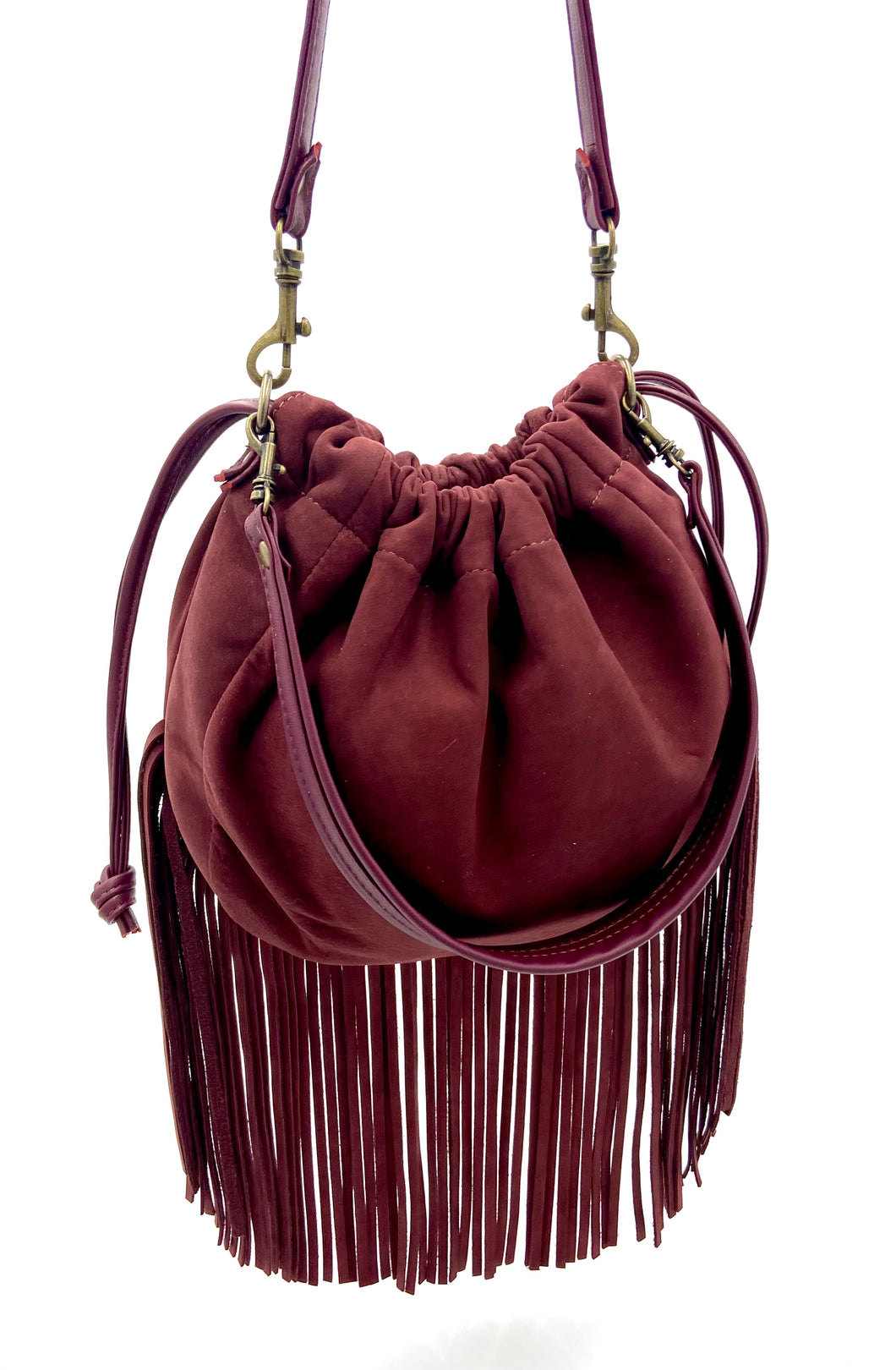 Kirsty Drawstring Shoulder Bag with Fringes - Burgundy
